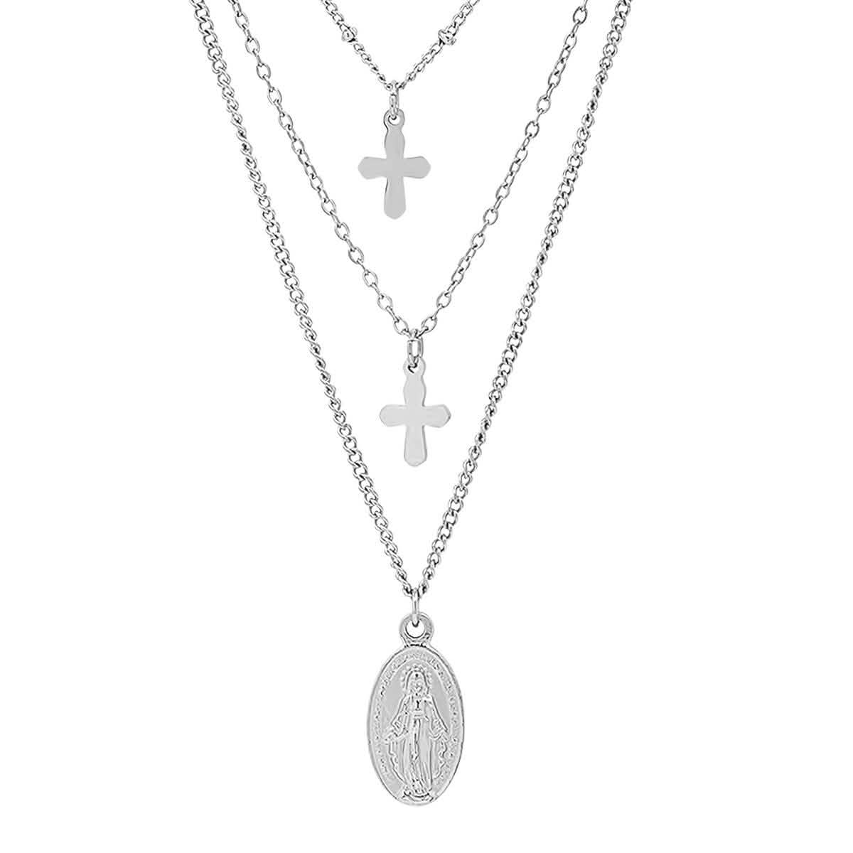 Ladies 3 Chain Necklace with Our Lady of Guadalupe and Cross Charms DailySale