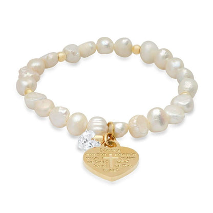Ladies Freshwater Pearls Heart Charm Swarovski Crystal Beaded Bracelet DailySale