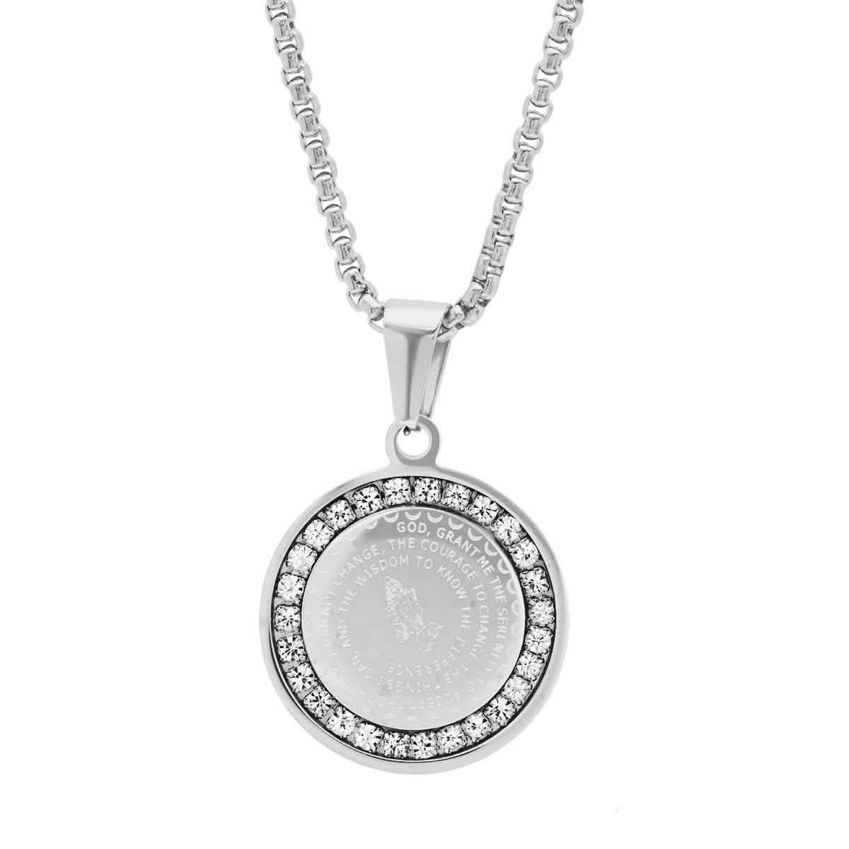 Ladies Stainless Steel Serenity Prayer Round Pendant with Simulated Diamonds DailySale