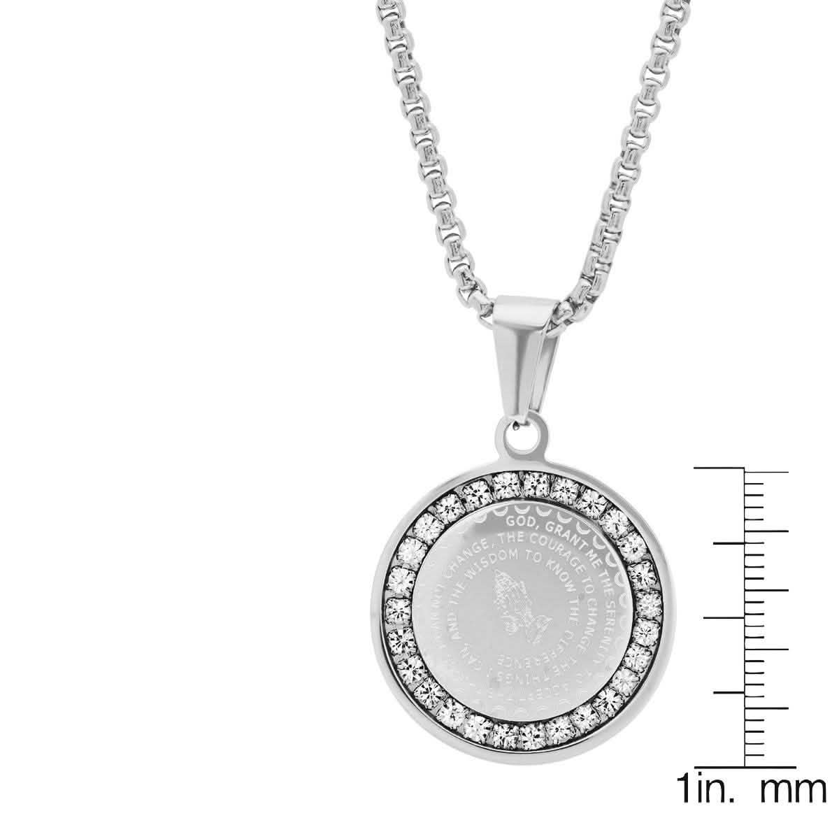 Ladies Stainless Steel Serenity Prayer Round Pendant with Simulated Diamonds DailySale