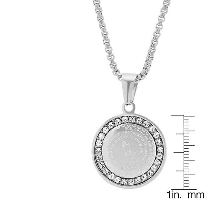 Ladies Stainless Steel Serenity Prayer Round Pendant with Simulated Diamonds DailySale