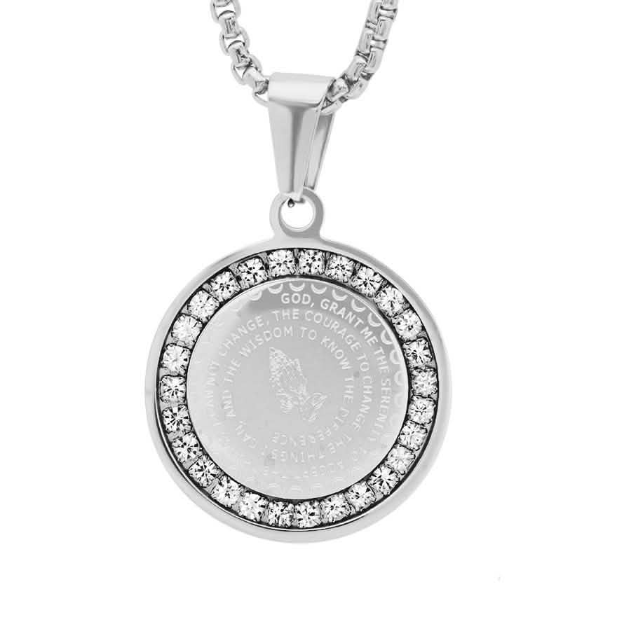 Ladies Stainless Steel Serenity Prayer Round Pendant with Simulated Diamonds DailySale
