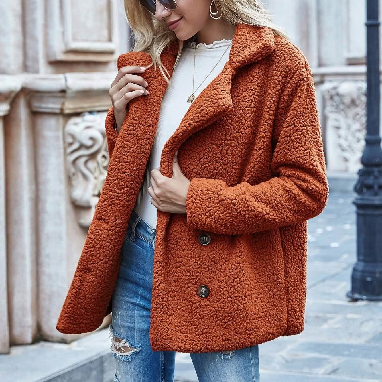 Lapel Collar Double Button Teddy Coat DailySale