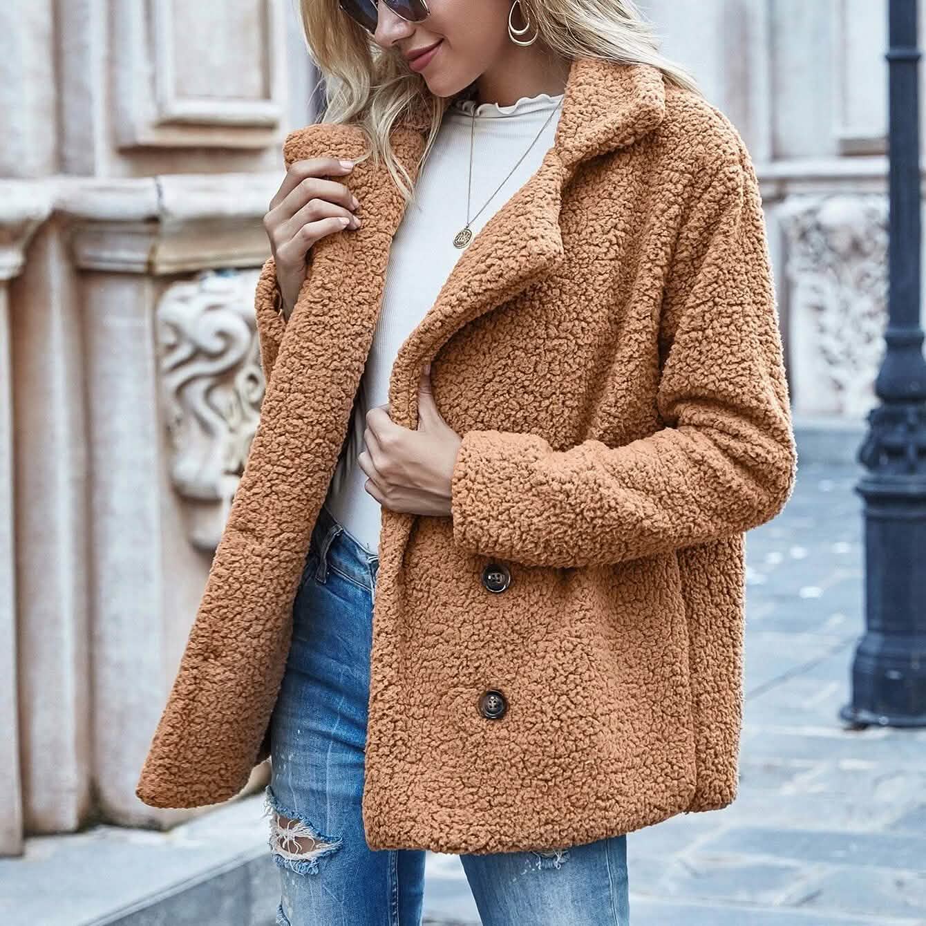 Lapel Collar Double Button Teddy Coat DailySale