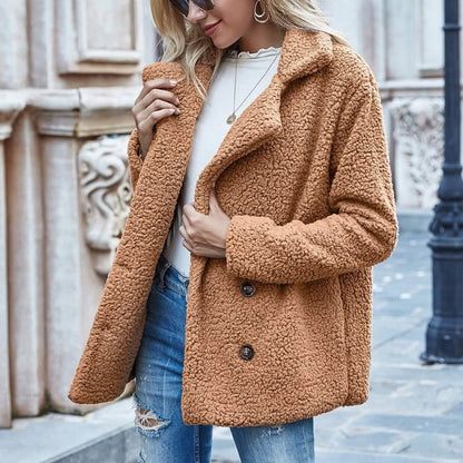 Lapel Collar Double Button Teddy Coat DailySale