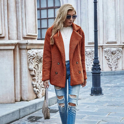 Lapel Collar Double Button Teddy Coat DailySale