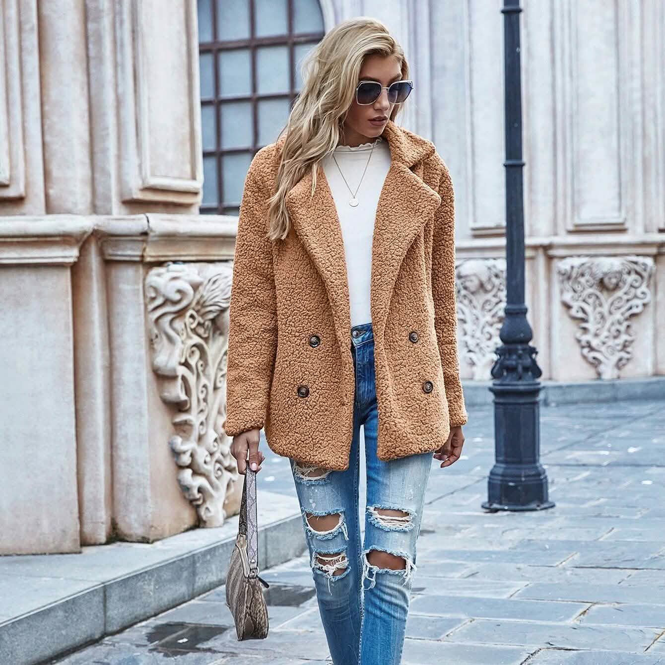 Lapel Collar Double Button Teddy Coat DailySale
