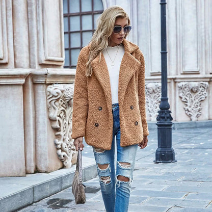 Lapel Collar Double Button Teddy Coat DailySale