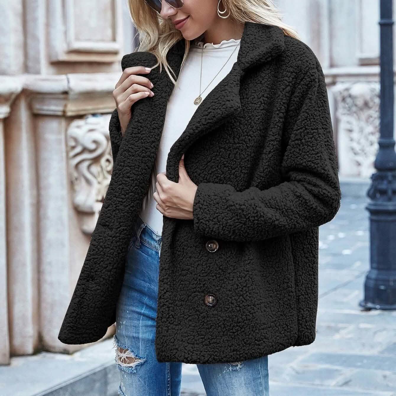Lapel Collar Double Button Teddy Coat DailySale