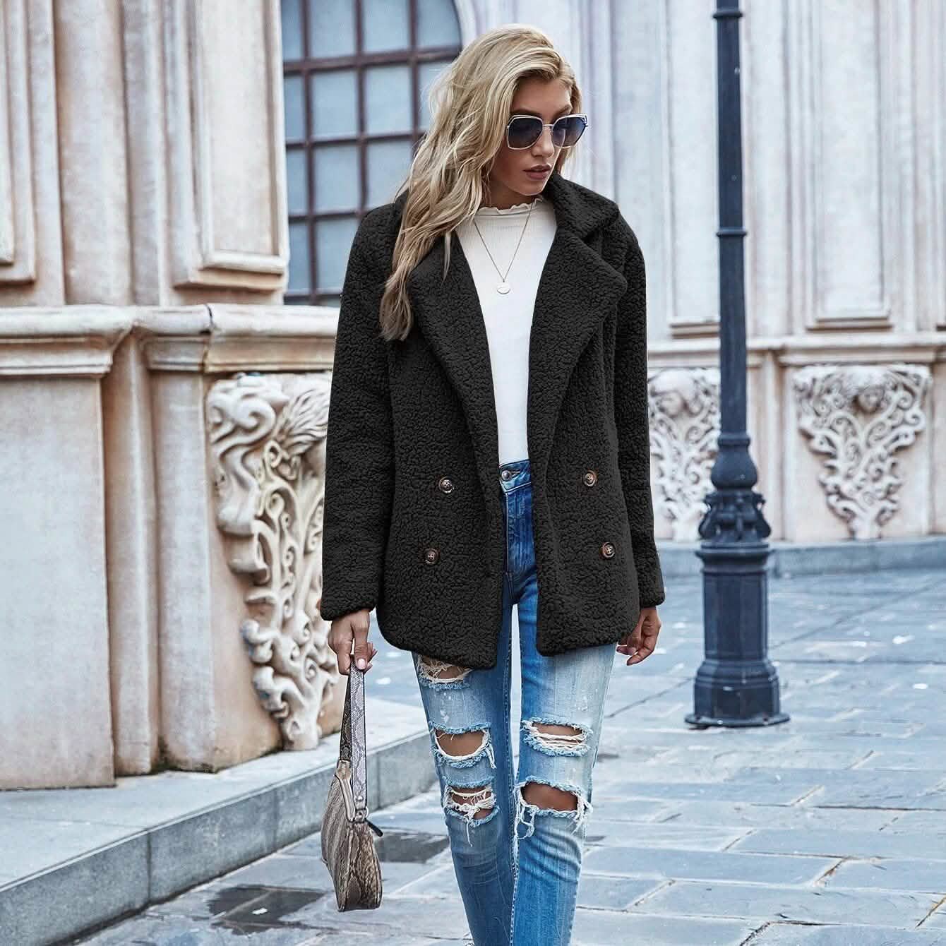 Lapel Collar Double Button Teddy Coat DailySale
