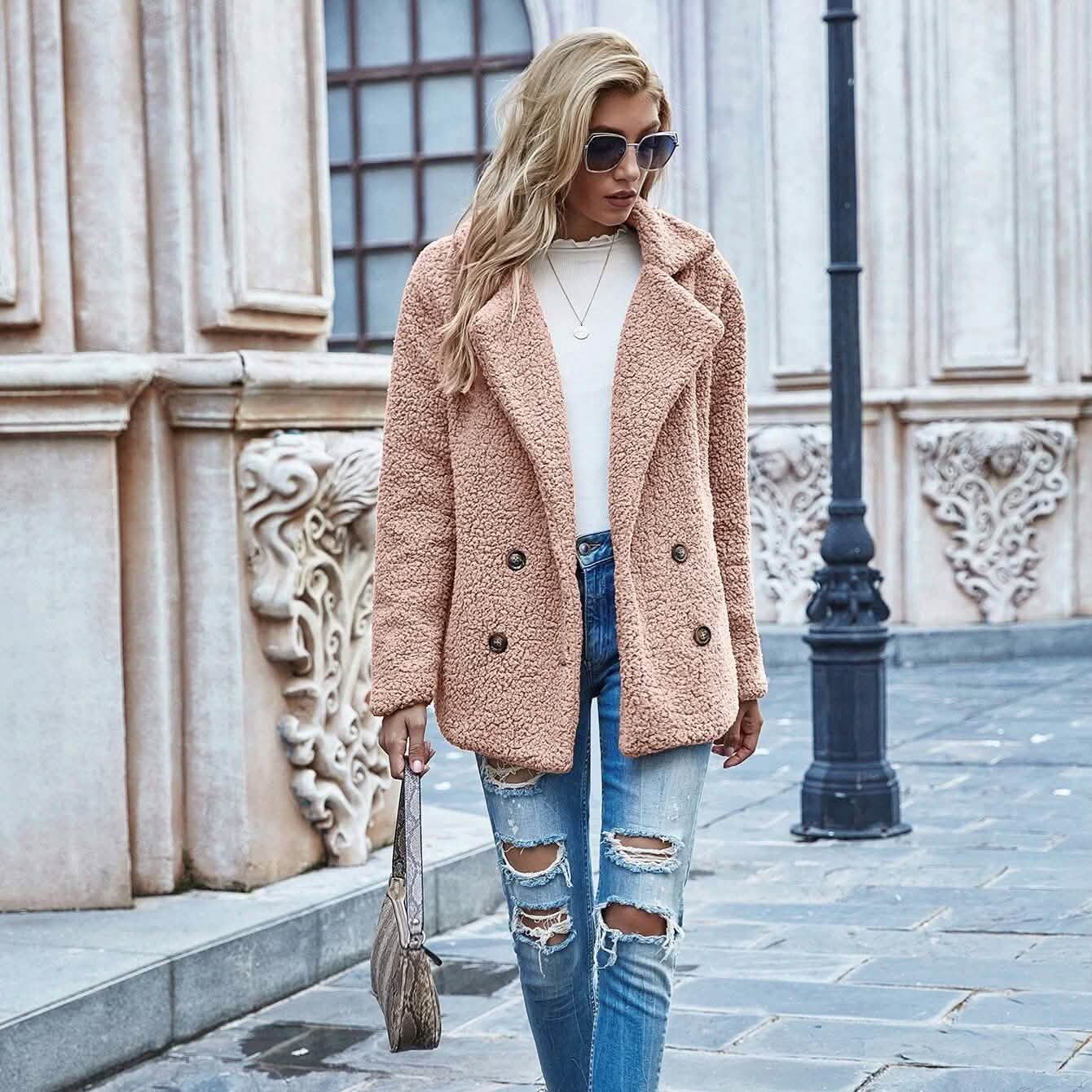 Lapel Collar Double Button Teddy Coat DailySale