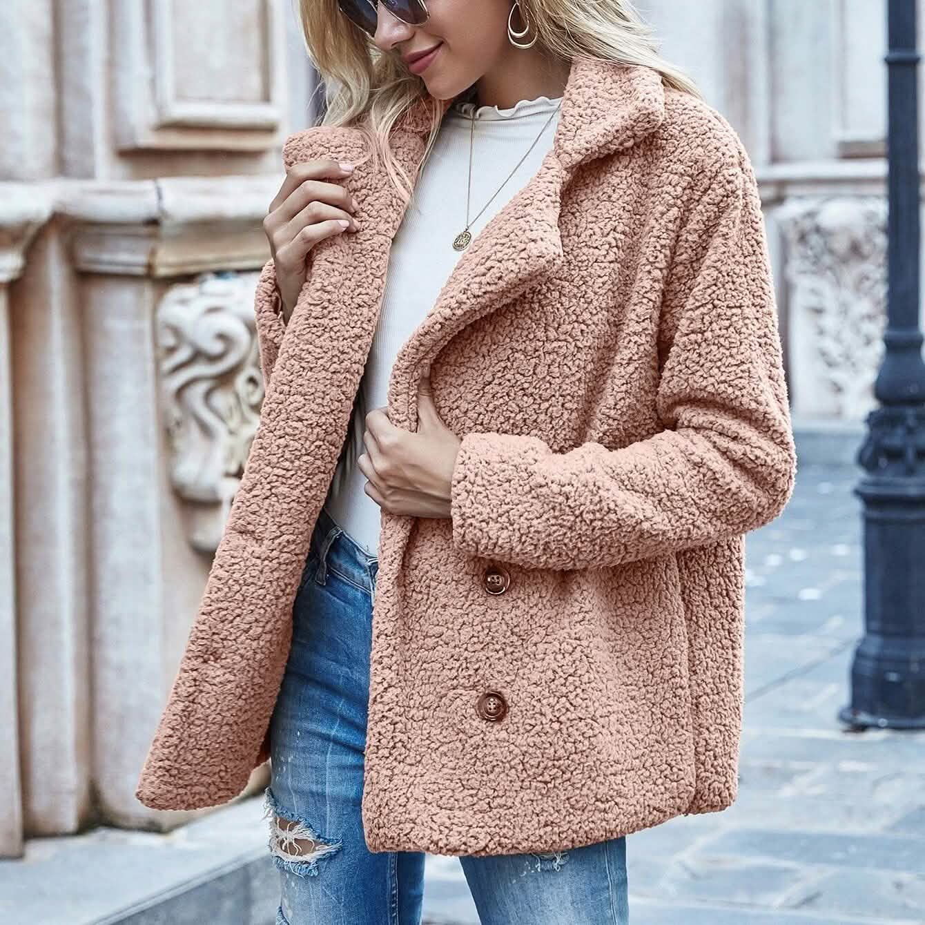 Lapel Collar Double Button Teddy Coat DailySale