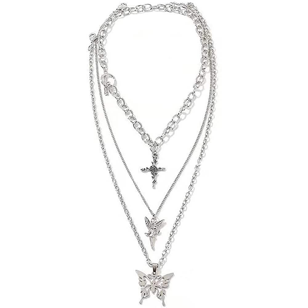 Layered Butterfly Cross Angel Pendant Necklace DailySale