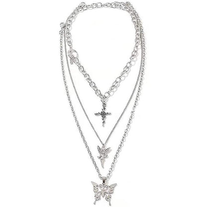 Layered Butterfly Cross Angel Pendant Necklace DailySale