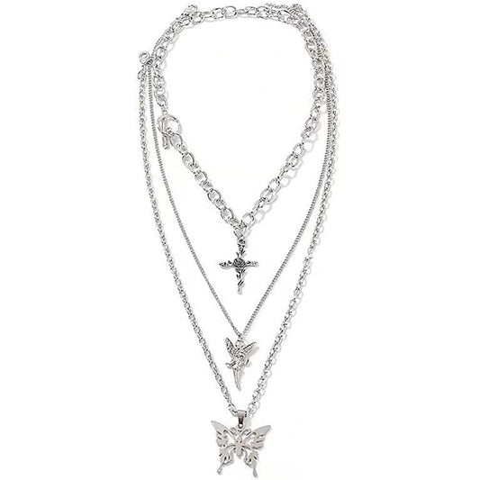 Layered Butterfly Cross Angel Pendant Necklace DailySale