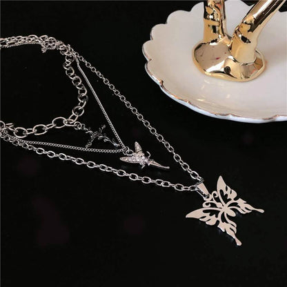 Layered Butterfly Cross Angel Pendant Necklace DailySale