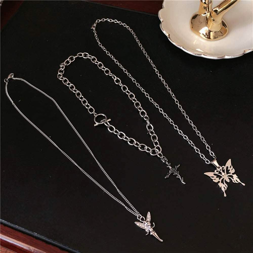 Layered Butterfly Cross Angel Pendant Necklace DailySale