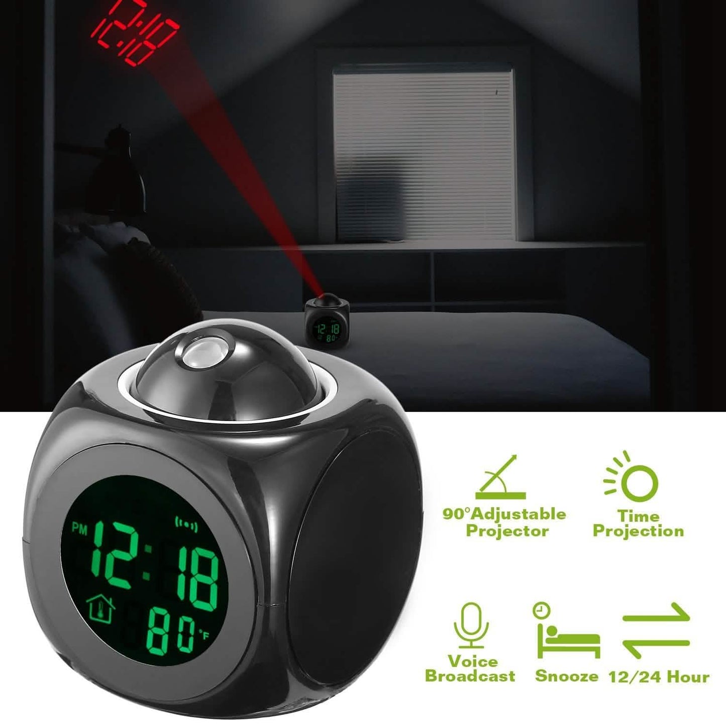 LCD Projection Alarm Clock with Voice Broadcast Function DailySale