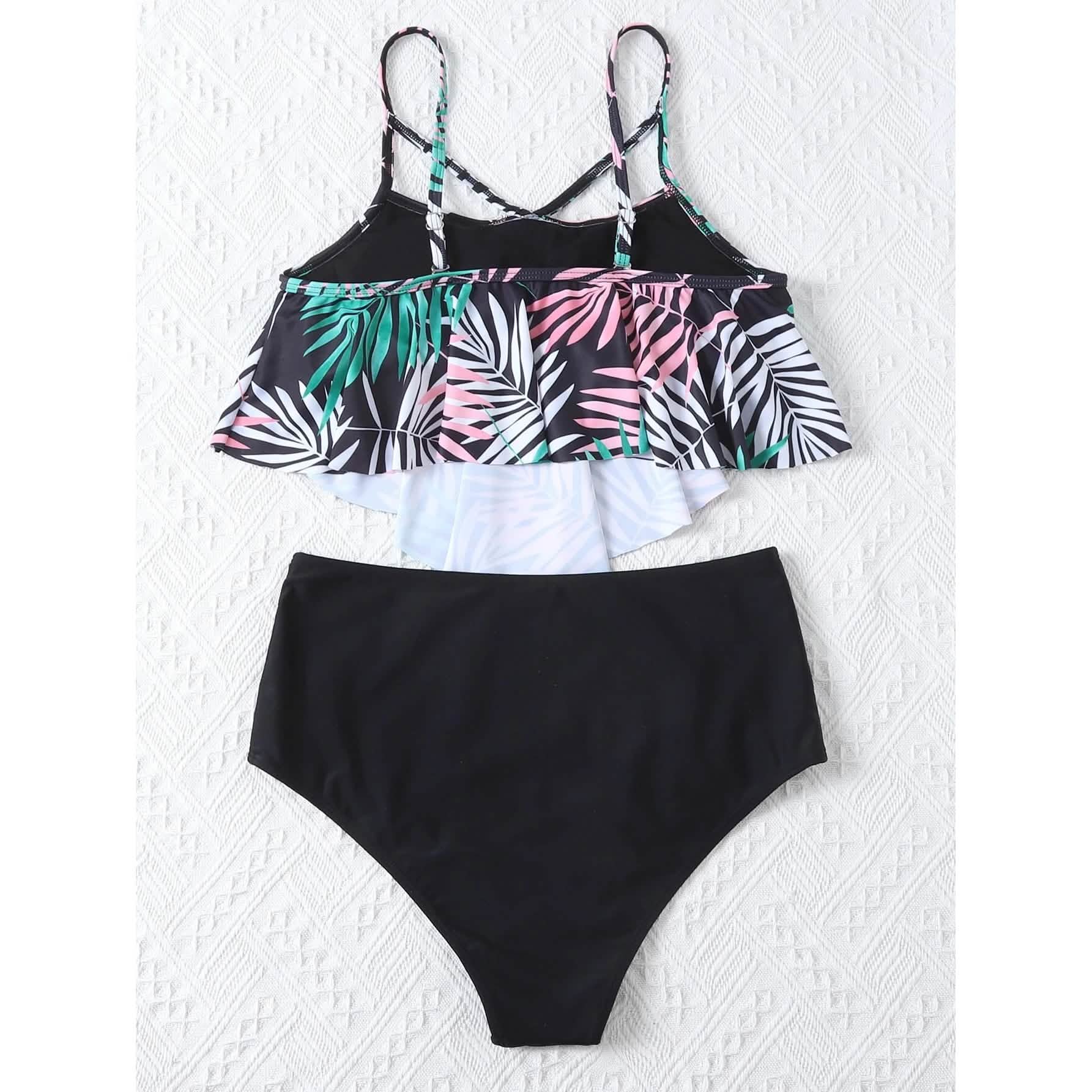 Leaf Print Hanky Hem High Waisted Bikini Swimsuit DailySale