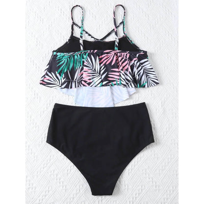 Leaf Print Hanky Hem High Waisted Bikini Swimsuit DailySale