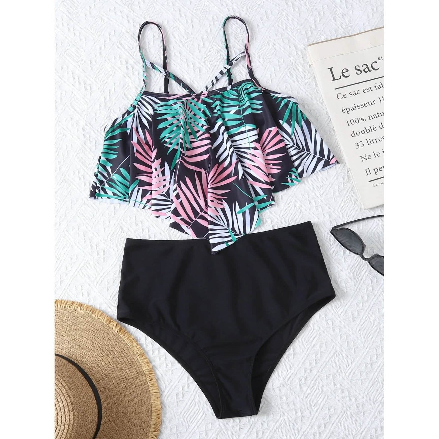 Leaf Print Hanky Hem High Waisted Bikini Swimsuit DailySale