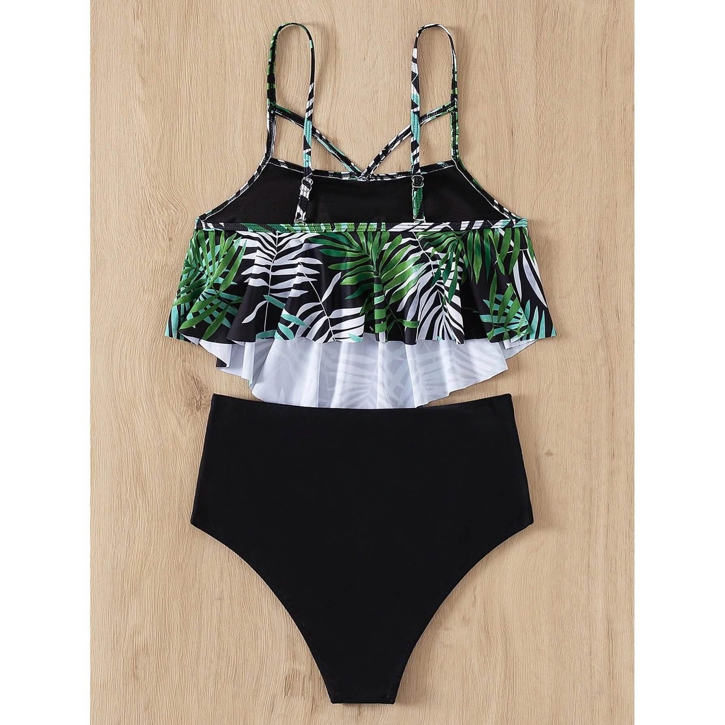 Leaf Print Hanky Hem High Waisted Bikini Swimsuit DailySale