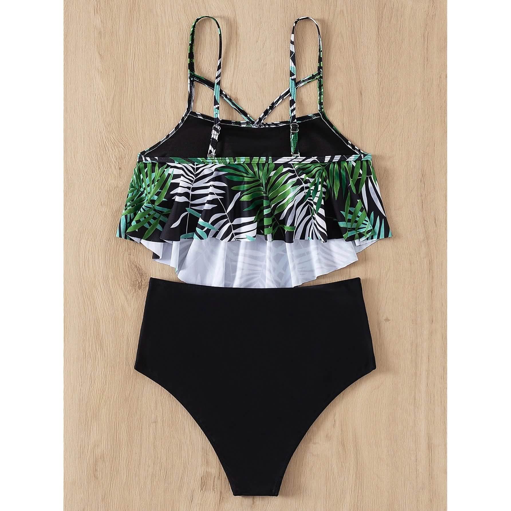 Leaf Print Hanky Hem High Waisted Bikini Swimsuit DailySale