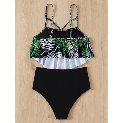 Leaf Print Hanky Hem High Waisted Bikini Swimsuit DailySale