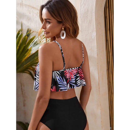Leaf Print Hanky Hem High Waisted Bikini Swimsuit DailySale