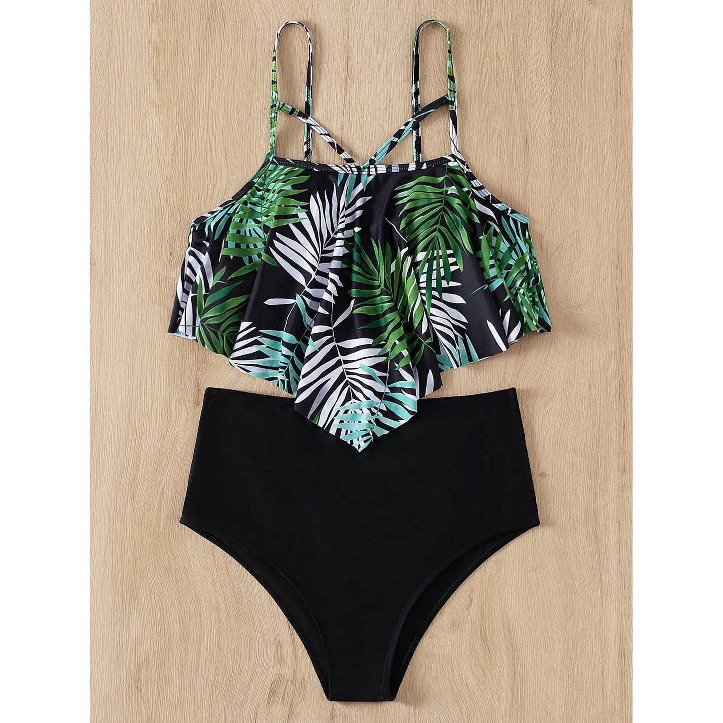 Leaf Print Hanky Hem High Waisted Bikini Swimsuit DailySale