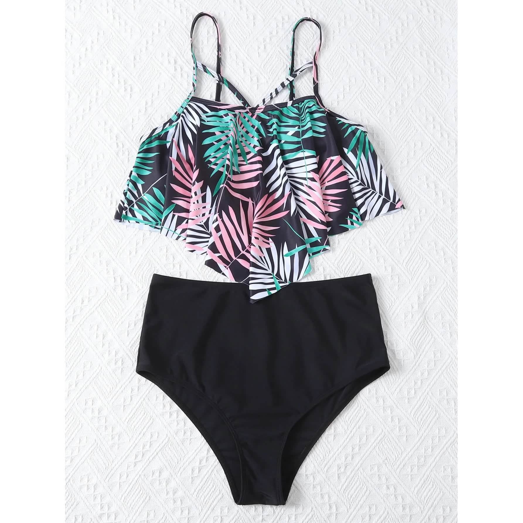 Leaf Print Hanky Hem High Waisted Bikini Swimsuit DailySale