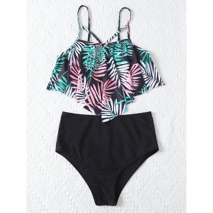 Leaf Print Hanky Hem High Waisted Bikini Swimsuit DailySale