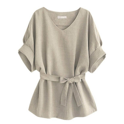 Linen-Blend Loose-Cut Casual Short Sleeve Top with Belt DailySale