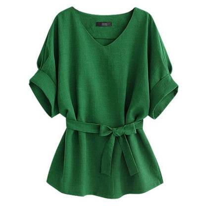 Linen-Blend Loose-Cut Casual Short Sleeve Top with Belt DailySale