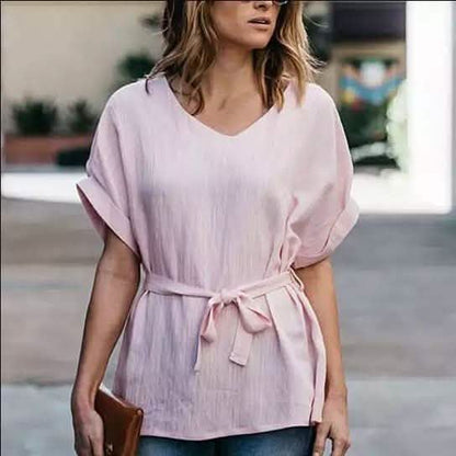 Linen-Blend Loose-Cut Casual Short Sleeve Top with Belt DailySale