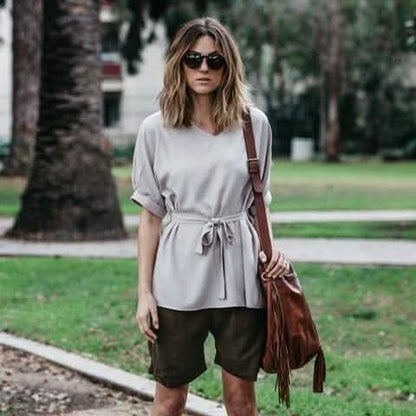 Linen-Blend Loose-Cut Casual Short Sleeve Top with Belt DailySale