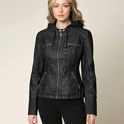 Lock and Love Women's Removable Hooded Faux Leather Jacket DailySale