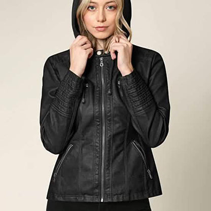 Lock and Love Women's Removable Hooded Faux Leather Jacket DailySale