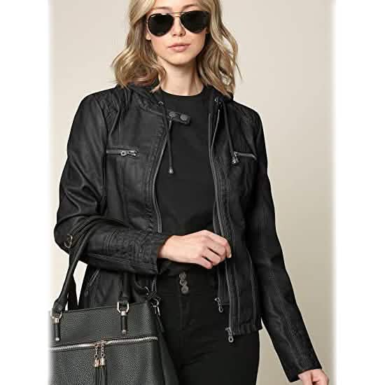 Lock and Love Women's Removable Hooded Faux Leather Jacket DailySale