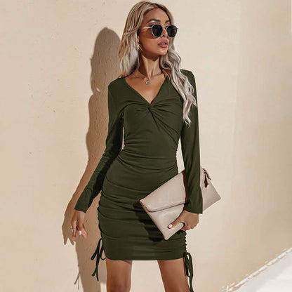 Long Sleeve Deep Sexy Long Sleeve Slim Elastic Bodycon Shirring Mini Dresses DailySale