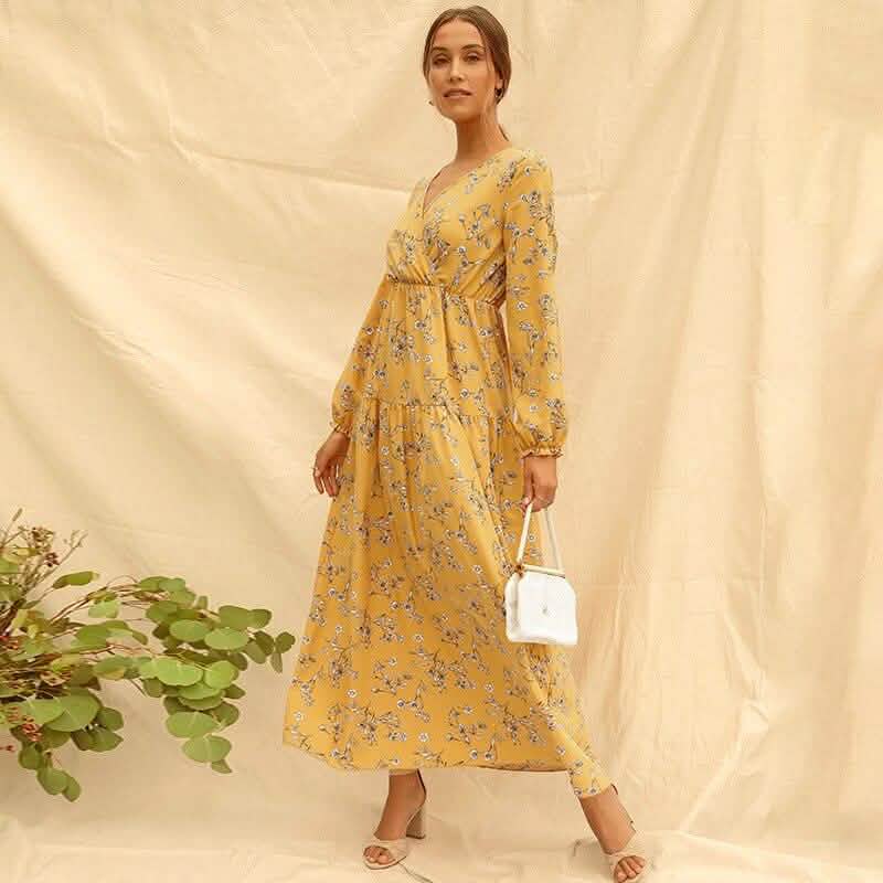Long Sleeve Fashion Casual High Waist Maxi Dress Slim Floral Print V Neck DailySale