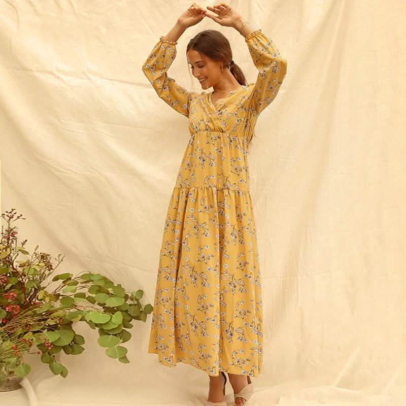 Long Sleeve Fashion Casual High Waist Maxi Dress Slim Floral Print V Neck DailySale