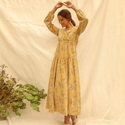 Long Sleeve Fashion Casual High Waist Maxi Dress Slim Floral Print V Neck DailySale