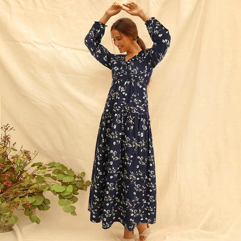 Long Sleeve Fashion Casual High Waist Maxi Dress Slim Floral Print V Neck DailySale
