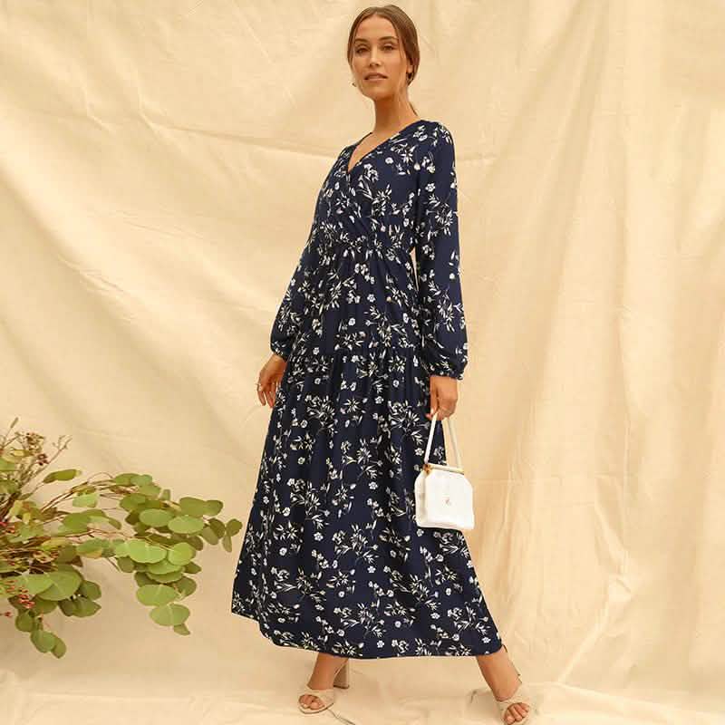 Long Sleeve Fashion Casual High Waist Maxi Dress Slim Floral Print V Neck DailySale