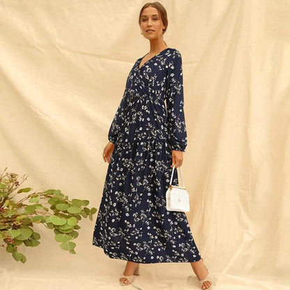 Long Sleeve Fashion Casual High Waist Maxi Dress Slim Floral Print V Neck DailySale