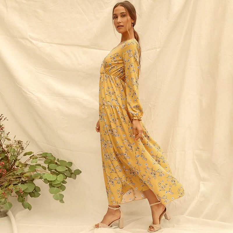 Long Sleeve Fashion Casual High Waist Maxi Dress Slim Floral Print V Neck DailySale