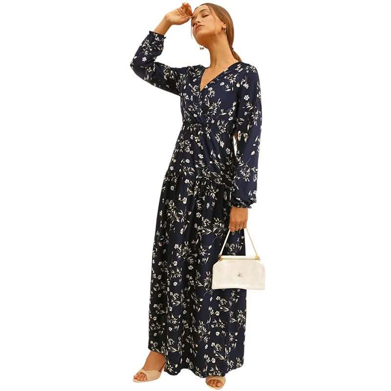 Long Sleeve Fashion Casual High Waist Maxi Dress Slim Floral Print V Neck DailySale