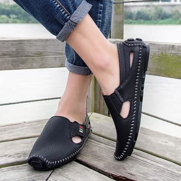 Men Casual Shoes Slip on Hollow Leather Men Shoes DailySale