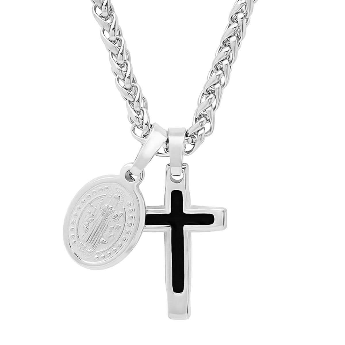 Men Stainless Steel Necklace with Cross and St. Benedict Pendants DailySale